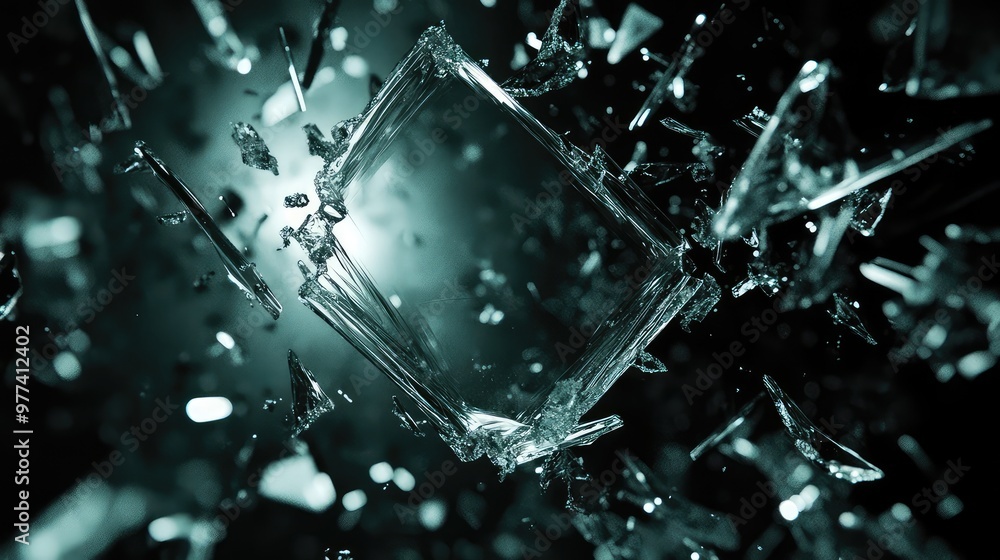 Poster floating glass shards catching light and casting intricate reflections in a dark void.
