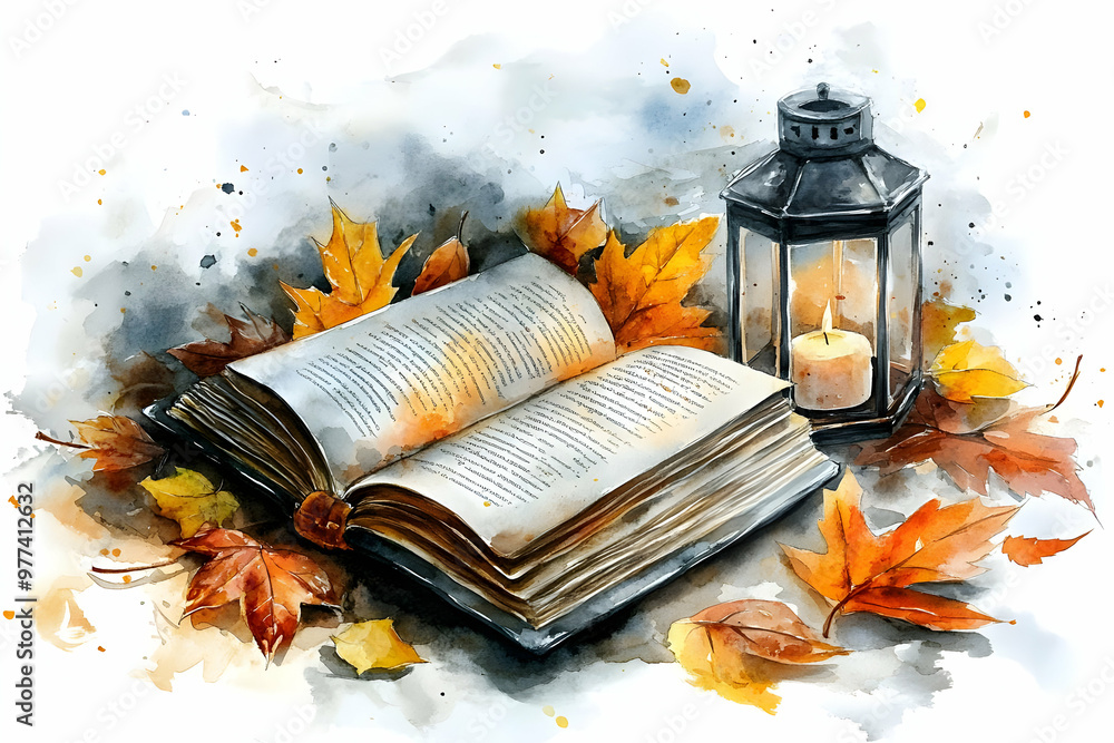 Poster an open book surrounded by autumn leaves and a lantern, creating a cozy and warm atmosphere perfect 