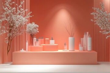 coral peach color 3d podium for cosmetics products display showcase. Pop-up beauty store. 