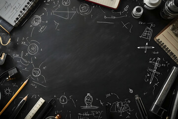 A creative workspace featuring pencils, notebooks, and scientific drawings on a blackboard surface, ideal for study or inspiration.