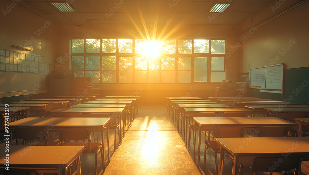 Poster illuminated classroom at sunrise, showcasing empty desks and warm sunlight streaming through the win