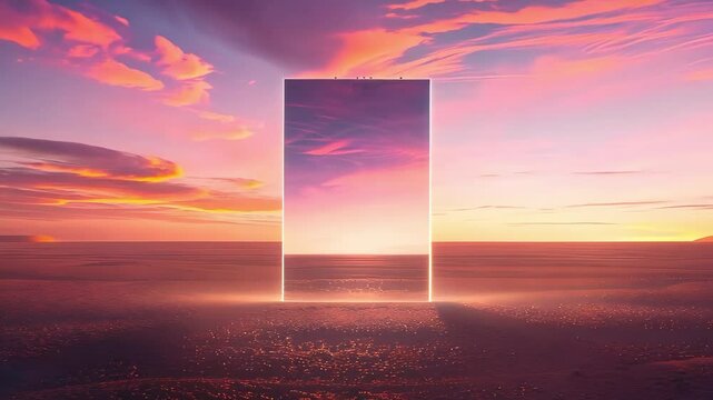 A surreal landscape featuring a tall mirror or portal reflecting a vibrant sunset against a barren ground.
