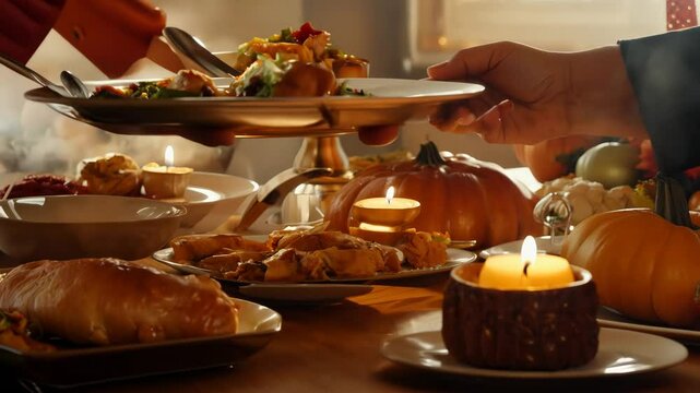A cozy kitchen is filled with warm candlelight and colorful decorations as a delightful autumn dinner is being prepared with various seasonal dishes