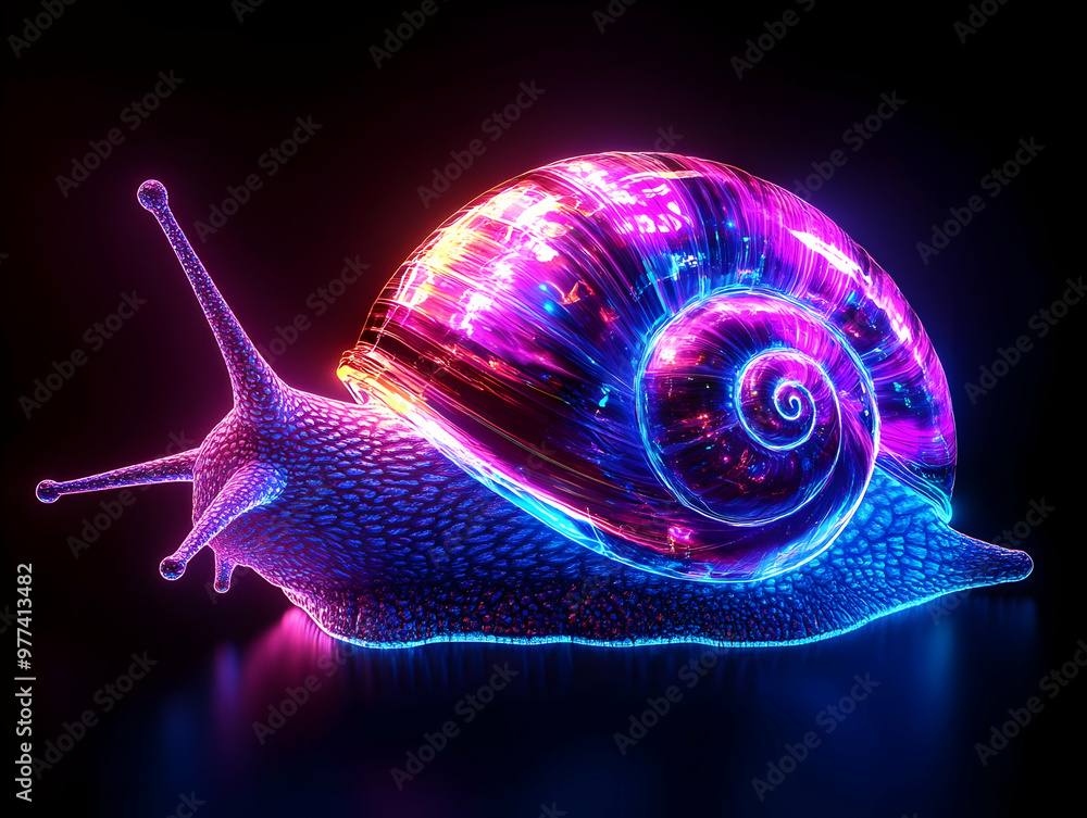 Poster a vibrant and colorful snail with a glowing shell, showcasing a mesmerizing fusion of light and text