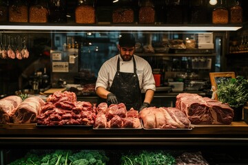 Butcher standing with arms crossed in his butcher shop