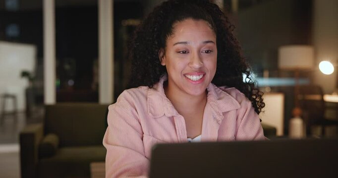 Woman, laptop and video call in lounge for e learning, streaming or virtual education at night. Happy student or young person listening, thinking and attention in online class on her computer at home