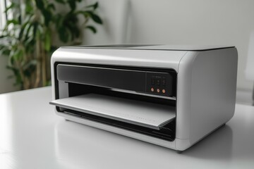 Obraz premium Multifunction printer device standing on desk in modern home office