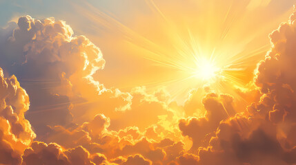 Sunset sky with radiant clouds and sunbeams. Golden Hour. Illustration