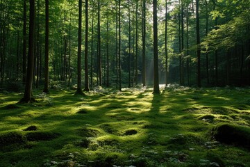 Obraz premium Sunbeams lighting up lush green forest floor covered by moss