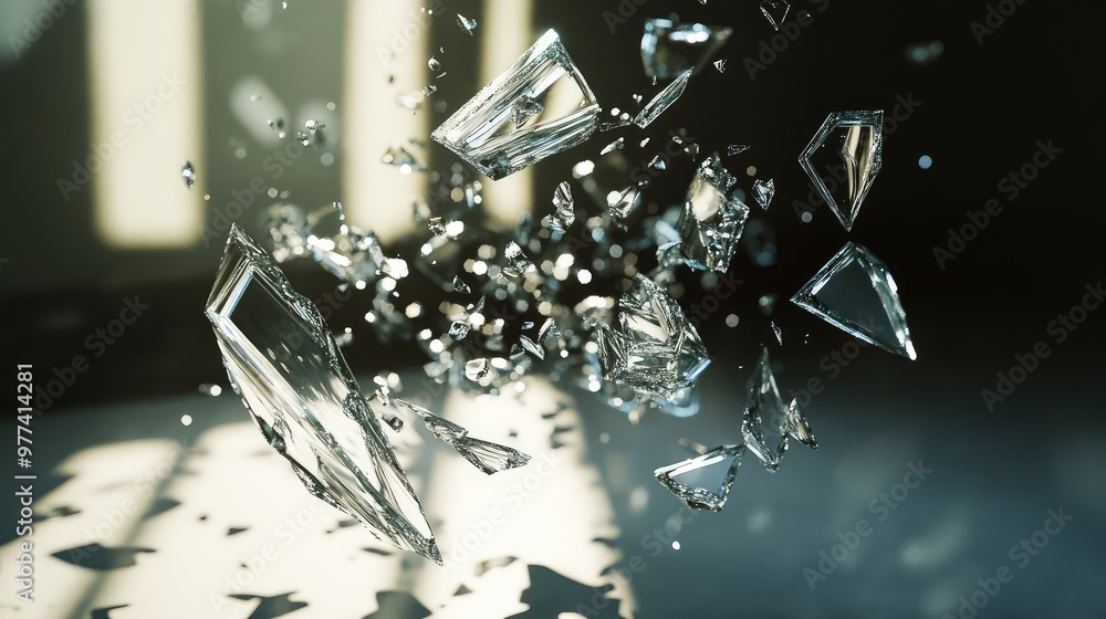 Poster floating glass shards catching light, creating intricate reflections and shadows.