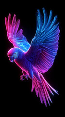 Obraz premium A vibrant, stylized parrot soaring through a neon-hued backdrop, showcasing stunning colors and intricate feather details.