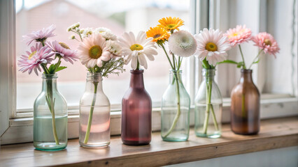 Fototapeta premium Colorful Flower Bouquets in Glass Bottles Arranged on a Sunlit Window Sill