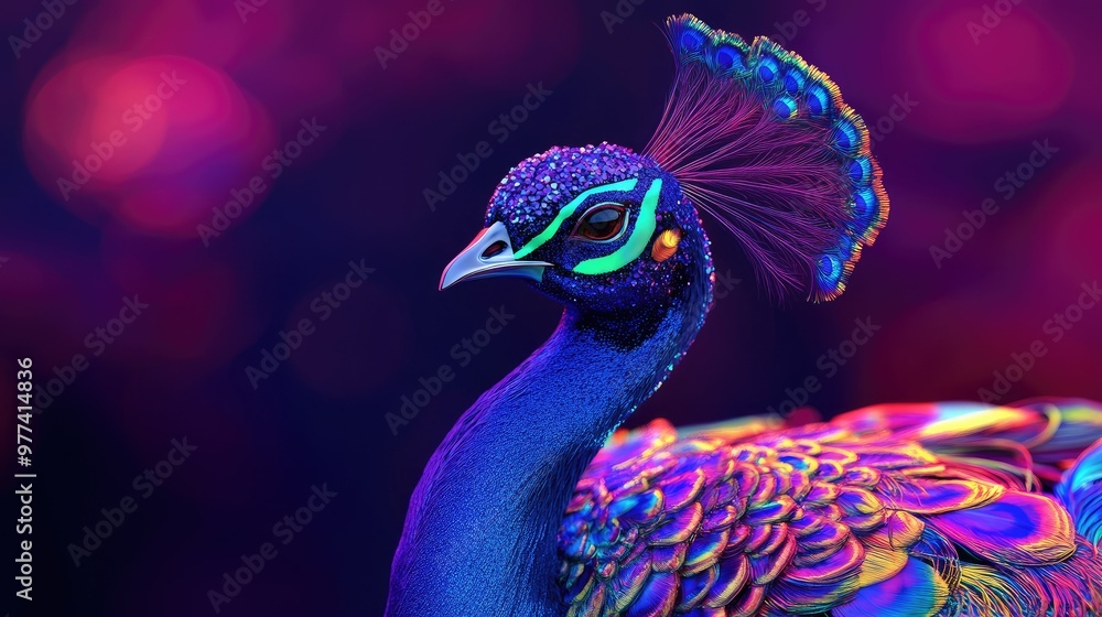 Aufkleber 3d model of a peacock with psychedelic patterns and neon colors, surrounded by space for text.