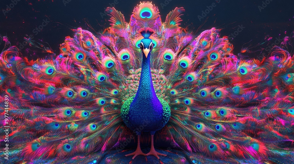 Fototapete 3d model of a peacock with psychedelic patterns and neon colors, surrounded by space for text.