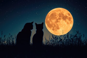 Two cats are sitting in the grass and looking at full moon at night