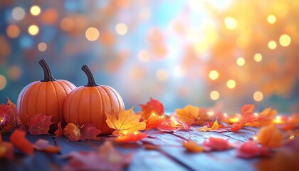 Pumpkins and Autumn Leaves on Wooden Surface with Cozy Seasonal Vibe