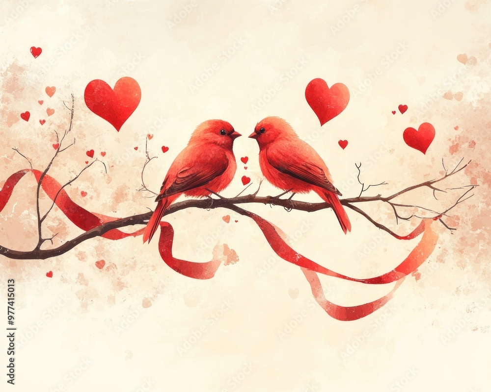 Canvas Prints Two red birds on a branch with hearts and ribbons, symbolizing love.