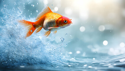 Fototapeta premium A vibrant goldfish leaps joyfully above the shimmering water surface, capturing a moment of energy and beauty in nature.