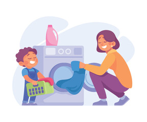 Woman Parent with Her Son Doing Laundry as Home Activity Vector Illustration