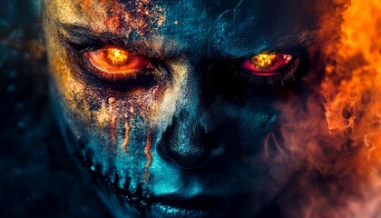 Scary Face with Glowing Eyes Emerging from Darkness in Photorealistic Style