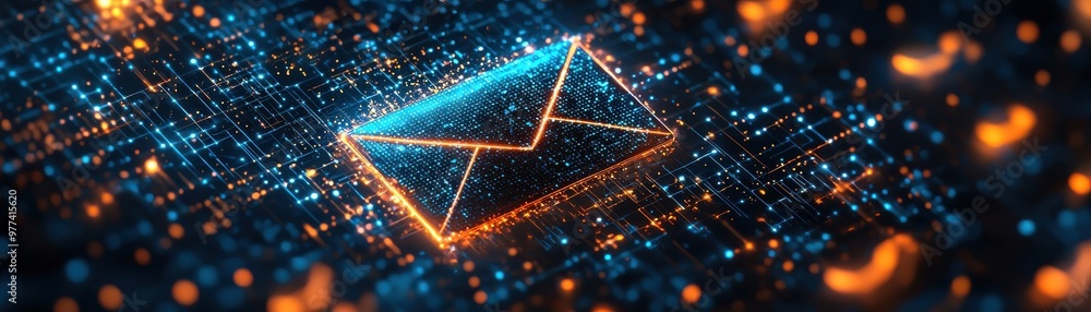 Aufkleber digital representation of an envelope surrounded by vibrant glowing particles, symbolizing modern co