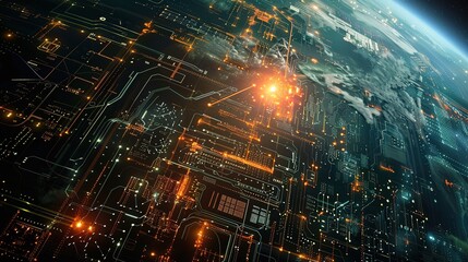 A captivating picture showing the essence of science and technology in the realm of Internet innovation. There are various elements representing advanced technological concepts. Computer systems might