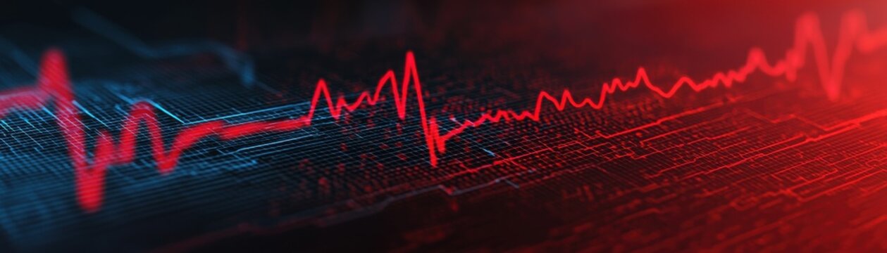 Dynamic heartbeat graph displaying heart rate fluctuations in red and blue tones against a dark background.