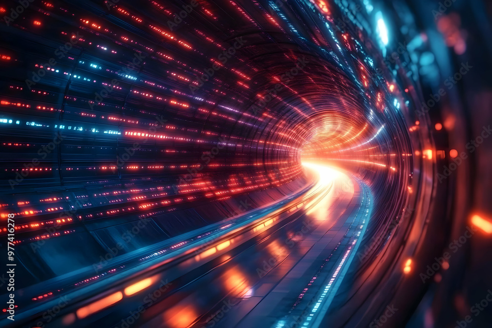 Poster a vibrant digital tunnel with flowing lights in blue and red hues, creating a sense of speed and mot