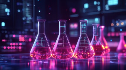 11. Virtual science lab where students are conducting experiments with interactive elements on their screens, digital beakers, and test tubes, glowing neon liquids, and a modern scientific background.