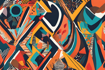 Illustration of colorful different seamless and geometric patterns in neo-primitive expressionism art on abstract background