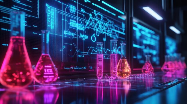 11. Virtual science lab where students are conducting experiments with interactive elements on their screens, digital beakers, and test tubes, glowing neon liquids, and a modern scientific background.
