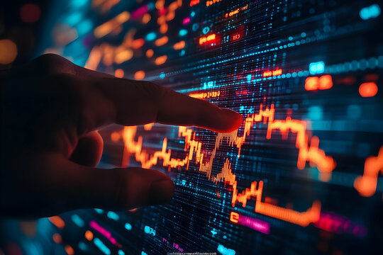 A hand pointing at a vibrant digital graph representing market trends and financial data analysis on a futuristic screen.