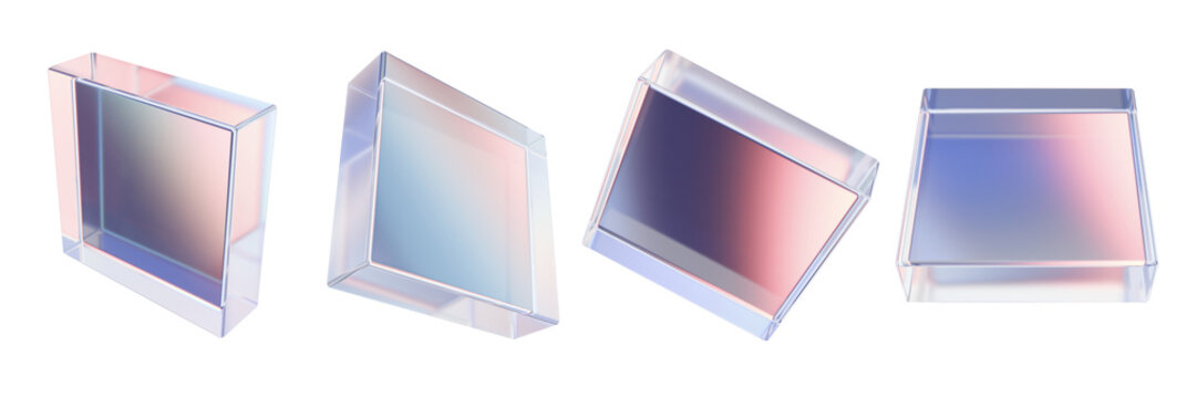 3D glass square screen set, crystal transparent rectangle icon holographic purple glossy flying cube. Acrylic plastic shape, different angles futuristic reflective design object. Geometric 3D glass