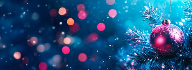 Christmas tree adorned with golden and red ornaments stands against a blurred background. Snowflakes gently fall, and the soft glow of bokeh lights creates a festive atmosphere