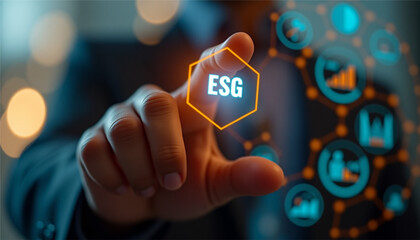 Fototapeta premium A close-up of a hand touching a glowing virtual screen displaying ESG (Environmental, Social, and Governance) icons 