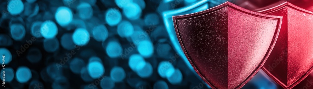 Poster dynamic red and blue shield design with a soft bokeh background, symbolizing protection, security, a