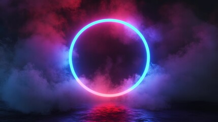 3D render, colorful neon light ring on a dark background with fog and clouds