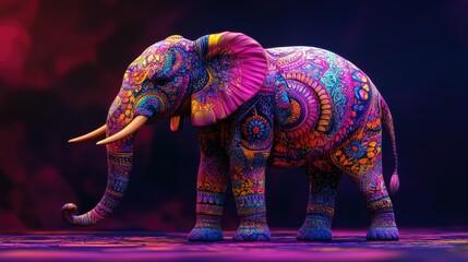 Obraz premium Psychedelic 3D model of an elephant with intricate Indian patterns, vibrant hues, and room for copy space