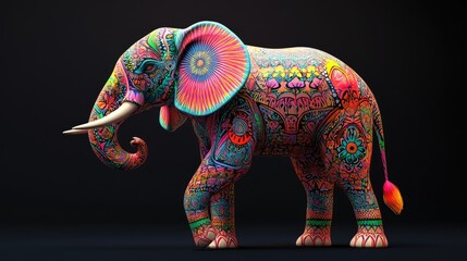 Fototapeta premium Psychedelic 3D model of an elephant with intricate Indian patterns, vibrant hues, and room for copy space