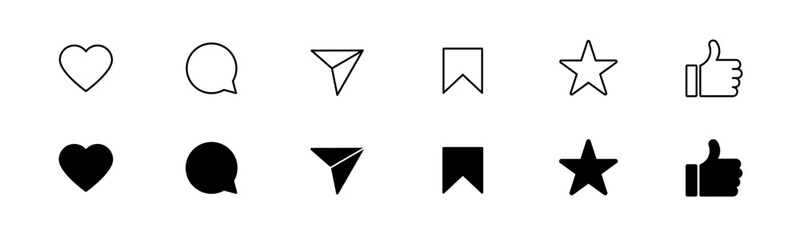 Like, share, comment and save icon set. Thumb up and star symbol. Social media reaction button