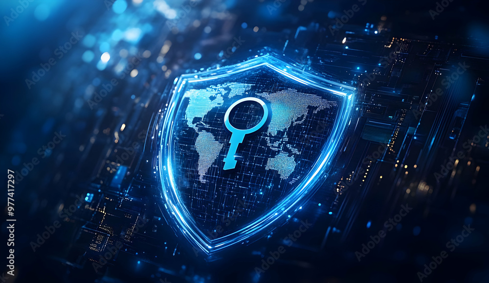 Aufkleber a futuristic digital shield symbolizing global cybersecurity with a key icon, emphasizing protection