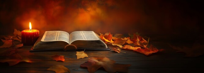 Open Bible with Candlelight on Wooden Table Surrounded by Autumn Leaves, Quiet Study Time, Daily Devotion, Faith, Reflection