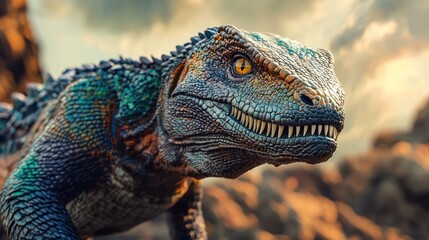 Fierce Komodo Dragon Close Up with Detailed Scales and Sharp Claws in Rocky Terrain