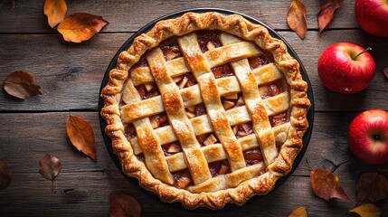 Apple pie decorated with lattice overhead shot, fall baking concept