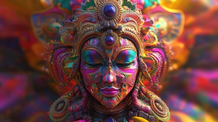 Psychedelic 3D rendering of an abstract Indian deity surrounded by vibrant colors, with ample space for copy