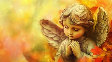 Praying Angel Statue Surrounded by Autumn Leaves, Symbolizing Divine Guidance, Protection, and Spiritual Presence