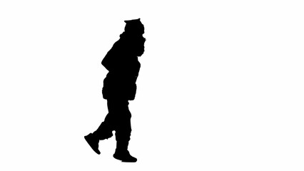 Christmas and New Year holidays concept. Black silhouette of a man in a Santa Claus costume on a white isolated background. Santa Claus runs quickly. Side view.