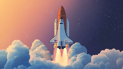 Space shuttle flying over the clouds. Space Exploration. Illustration