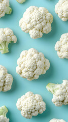 Fresh cauliflower arranged on a pastel blue background, showcasing its unique texture and healthy appeal in a vibrant setting.