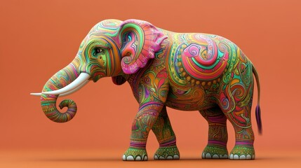 Fototapeta premium Vibrant 3D model of a psychedelic Indian elephant with swirling patterns and room for text